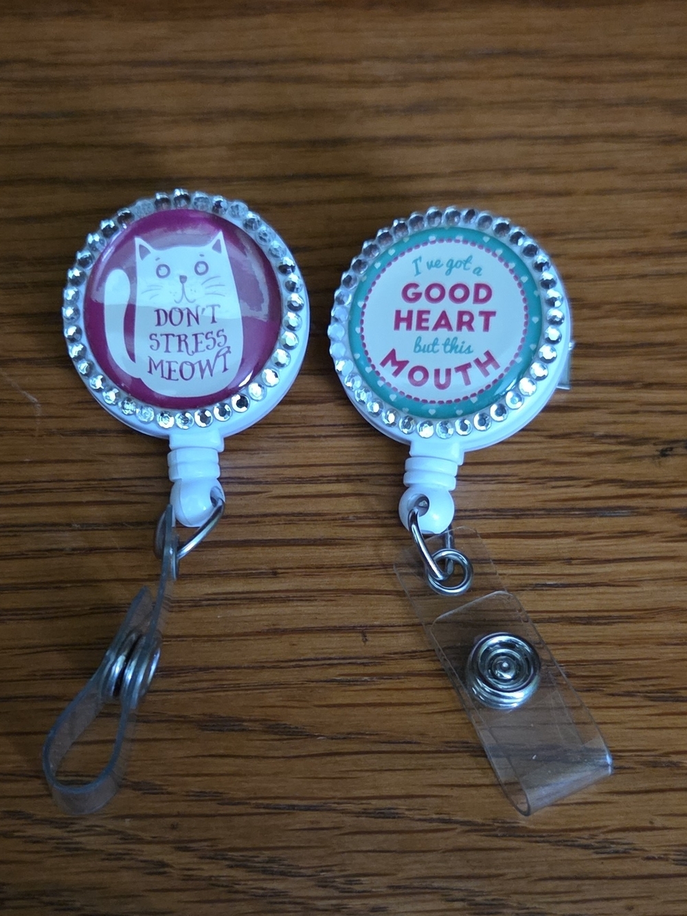 White Rhinestone Cat & Good Heart Badge Reels - Cute Kids Jewelry